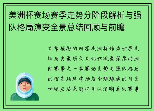 美洲杯赛场赛季走势分阶段解析与强队格局演变全景总结回顾与前瞻
